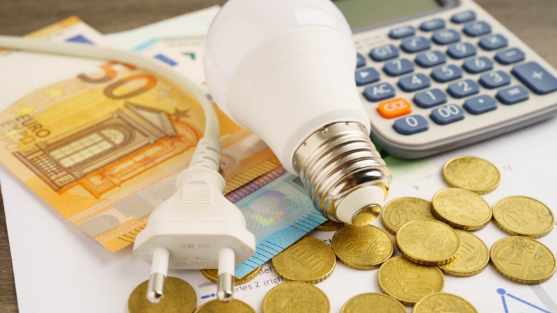 Lampadina con spina calcolatrice e banconote